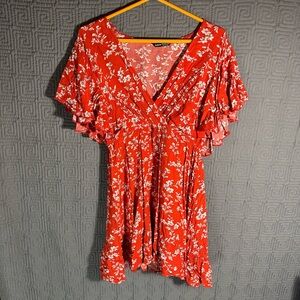 Shein Dress Women’s Large Floral Red V-Neck Butterfly Ruffle Hem A-Line